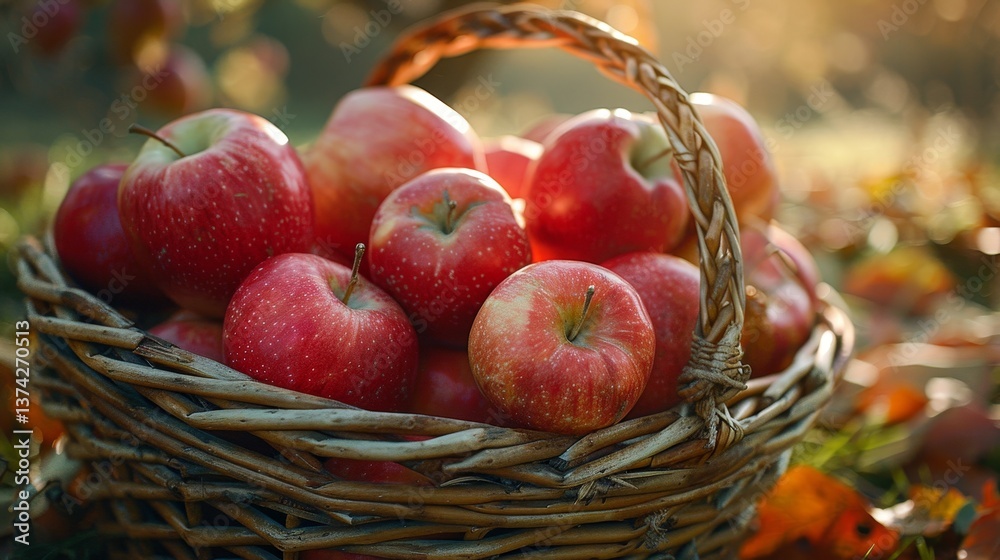 Fototapeta premium Harvest Time A Bountiful Collection of Fresh Red Apples Nestled in a Rustic Basket Surrounded by Colorful Autumn Leaves