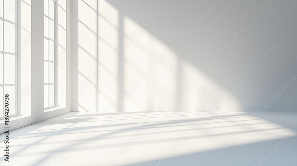 Fototapeta premium realistic and minimalist blurred natural light windows shadow overlay on wall paper texture abstract background minimal abstract light white background for product presentation