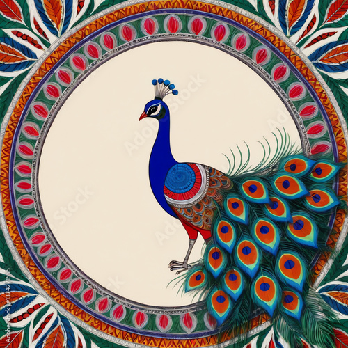 Peacock with feathers madhubani art concept. Traditional Mithila art painting style from Bihar, India. High definition beautiful wall art decor in 4K resolution.