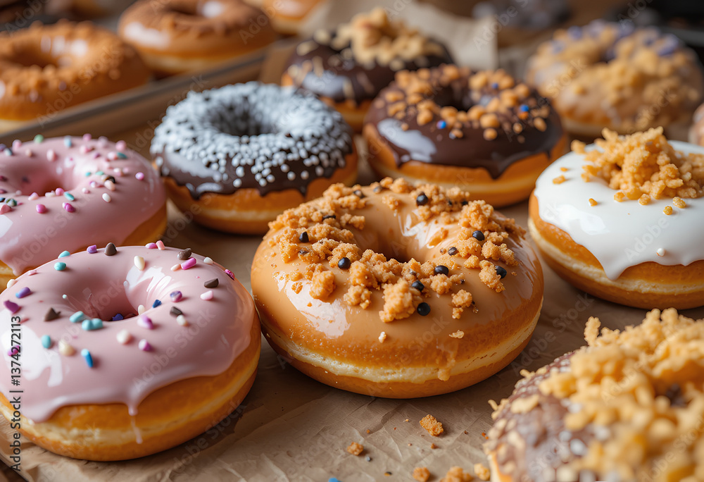 Fresh Donuts with Crumbs, Glaze, and Sprinkles
Fresh Donuts with Crumbs, Glaze, and Sprinkles