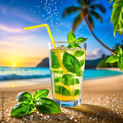 Healthy basil lemon juice in glass on the beach. High definition cinematic mock photoshoot in 4k resolution
