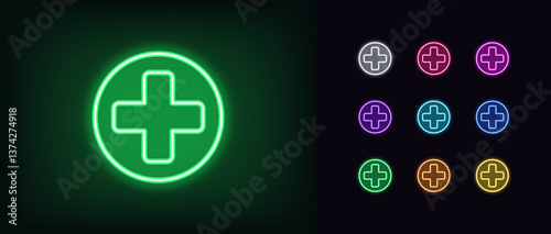 Outline neon medical cross icon set. Glowing neon medical cross in circle, first aid icon. Healthcare cross, medicine business, hospital, medical center, pharmacy sign, clinic and doctor. Vector icons