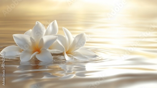 Two white plumeria flowers resting gently on shimmering golden water