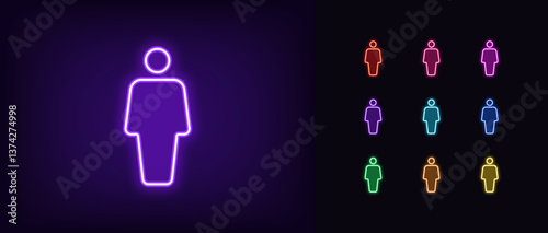 Outline neon man person icon set. Glowing neon male figurine icon, man silhouette. Male gender, human figurine, men locker room, restroom, gentleman WC sign, changing room and washroom. Vector icons