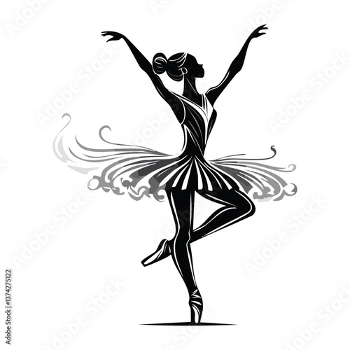 Stylized ballerina in motion – fluid, elegant lines conveying the dynamics of dance. Black and white image on white background.