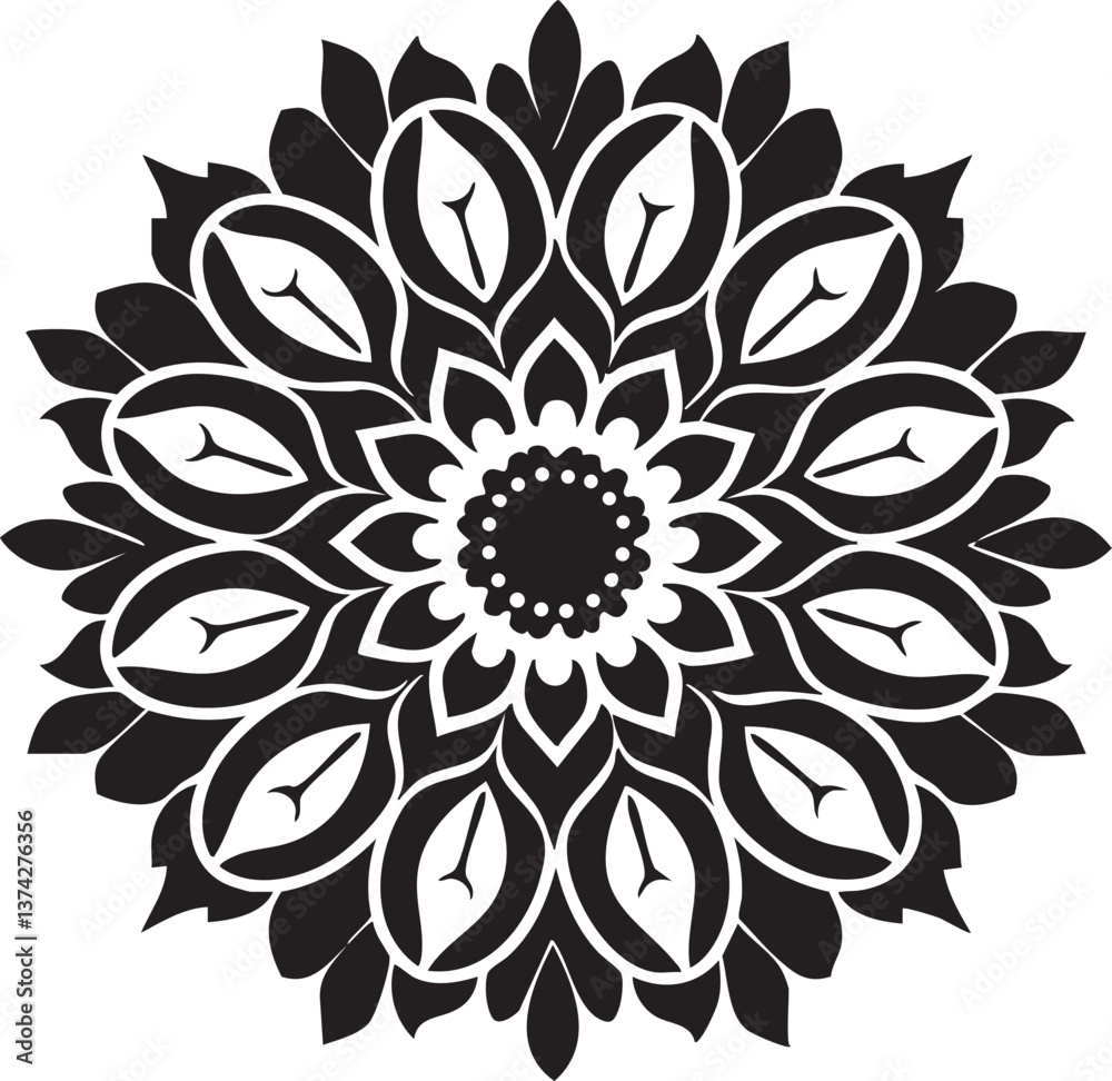 Fototapeta premium Black and white floral mandala design for decorative and meditative purposes.