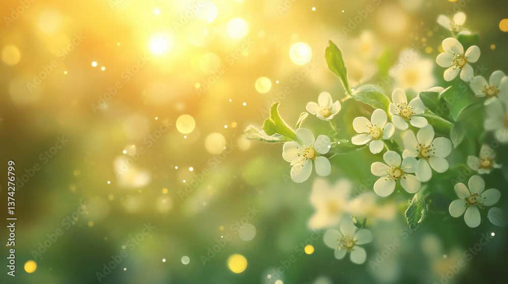 An artistic floral visualization, gentle sprigs of green with tiny white flowers surrounding a luminous soft-focus backdrop, infused with light particles and faint halos An artistic floral visualization, gentle sprigs of green with tiny white flowers surrounding a luminous soft-focus backdrop, infused with light particles and faint halos