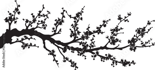 Silhouette of a blossoming tree branch for nature-themed designs.