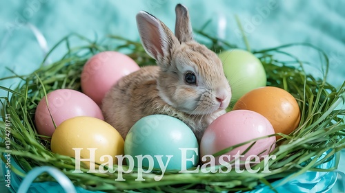 Adorable Baby Bunny Sitting Among Pastel-Colored Easter Eggs on a Vibrant Turquoise Background Perfect for Easter-Themed Designs Spring Celebrations Holiday Marketing and Cute Animal Stock Photography