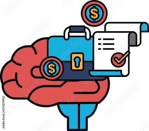 A brain holding a briefcase with a key and a stack of money