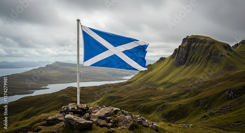Scottish Flag Waving Over the Highlands - A Symbol of Heritage and Pride