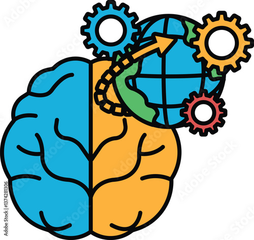 A cartoon drawing of a brain with a globe and gears surrounding it