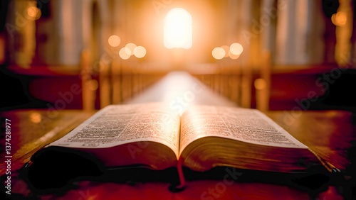 Open bible on church altar with sunlight shining through window