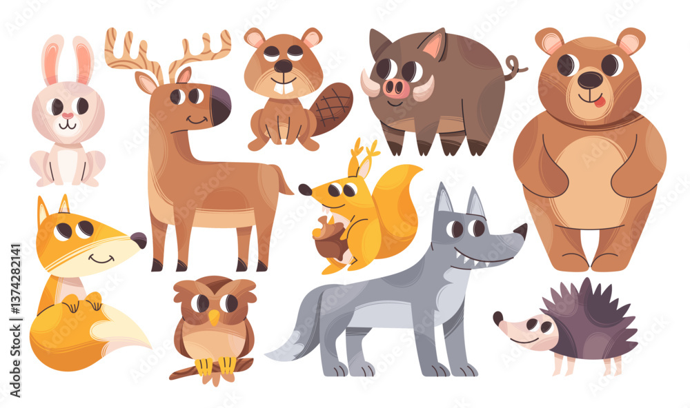 Fototapeta premium Cute woodland animals hand drawn childish wild characters doodle set isolated on white background