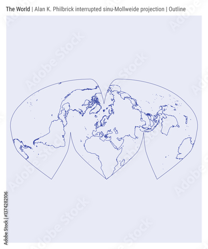 World Map. Alan K. Philbrick interrupted sinu-Mollweide projection. Outline style. High detail world map for infographics, education, reports, presentations. Vector illustration.