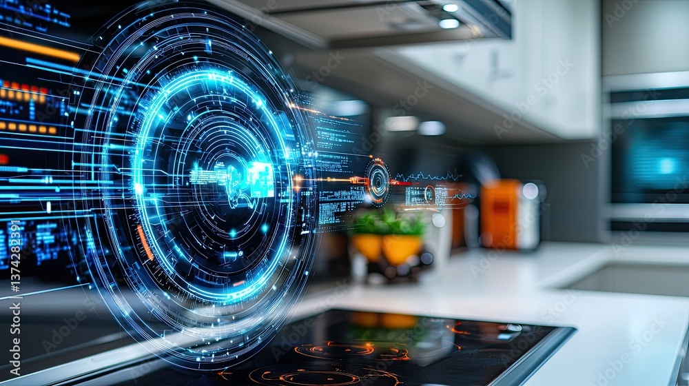 Obraz premium Smart Kitchen Technology: Futuristic Interface Design in Modern Home