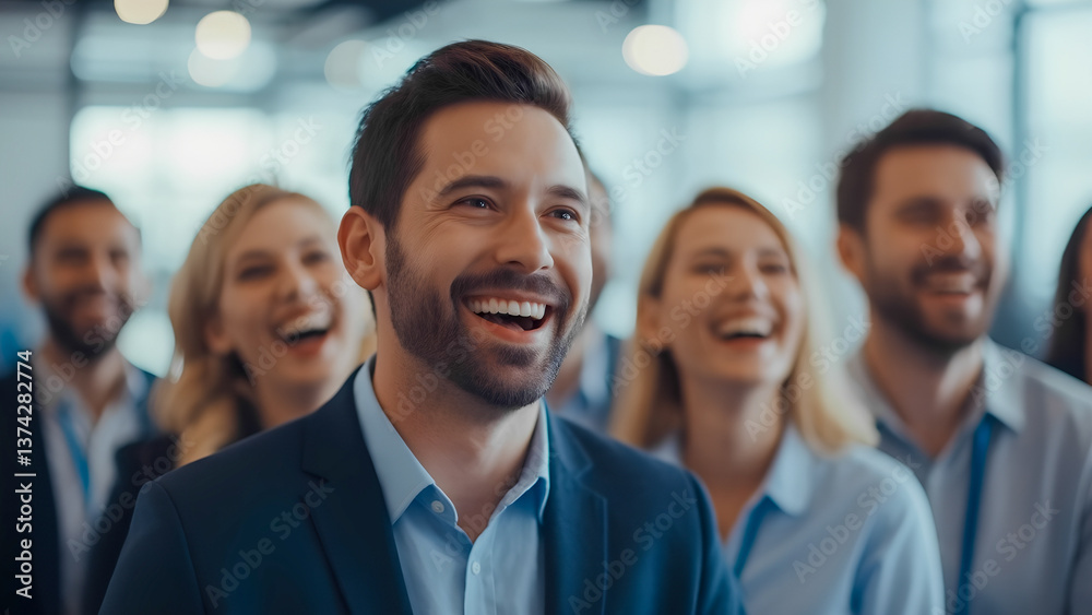 Smiling business people enjoying a team building event indoors Smiling business people enjoying a team building event indoors