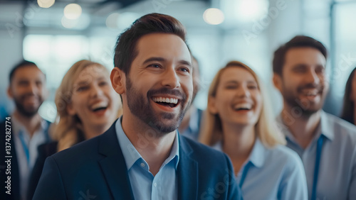 Smiling business people enjoying a team building event indoors