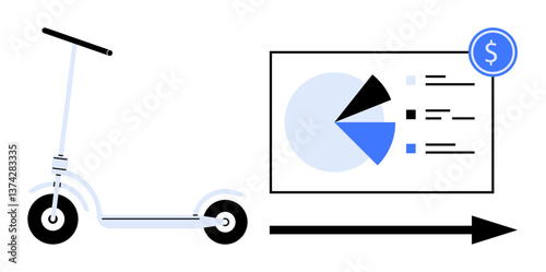 Electric scooter paired with a pie chart, financial analysis, and an arrow symbolizing growth. Ideal for mobility, business, finance, innovation, analysis trends sustainability. Flat simple