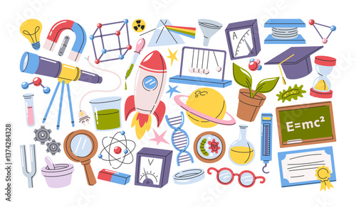 Science elementary school, college and university subject accessories hand drawn doodle item set