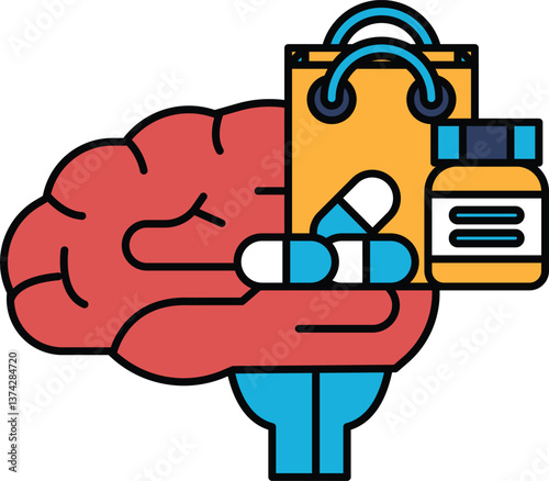 A brain holding a bag of pills and a bottle of pills