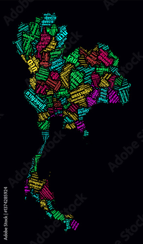 Thailand regions word clouds. Bright neon style design on dark background. Region names of the country in Thai language. Country shape with administrative division. Artistic vector illustration.