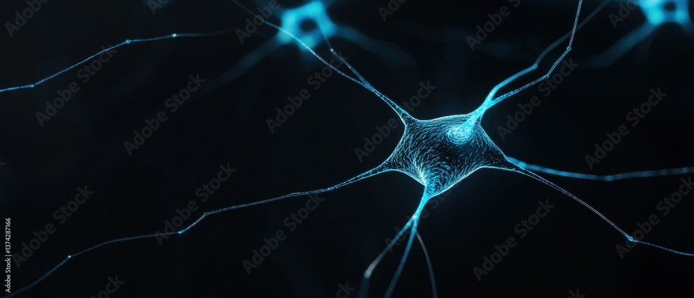 Close-up of a network of neurons. the neurons are arranged in a radial pattern, with each neuron having a unique shape and size. the background is black, and the neurons are a bright blue color. Close-up of a network of neurons. the neurons are arranged in a radial pattern, with each neuron having a unique shape and size. the background is black, and the neurons are a bright blue color.