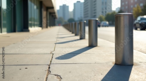 Wallpaper Mural Sunlit Urban Walkway with Protective Metal Bollards Casting Shadows on a Modern Pavement Torontodigital.ca