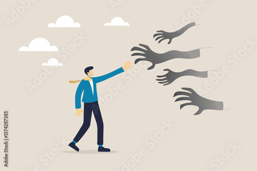 Overcome fear challenge difficulty, courage to fight back win over obstacle or difficulty, confrontation or confidence to defeat fear concept, businessman with boxing glove fighting fear horror hands.