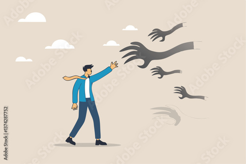 Overcome fear challenge difficulty, courage to fight back win over obstacle or difficulty, confrontation or confidence to defeat fear concept, businessman with boxing glove fighting fear horror hands.
