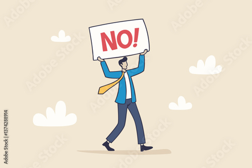 Say no, negative or stop sign, rejection or refuse to do thing, disagreement expression, communicate to stop or denied concept, businessman hold sign with the word NO with strong rejection impression.