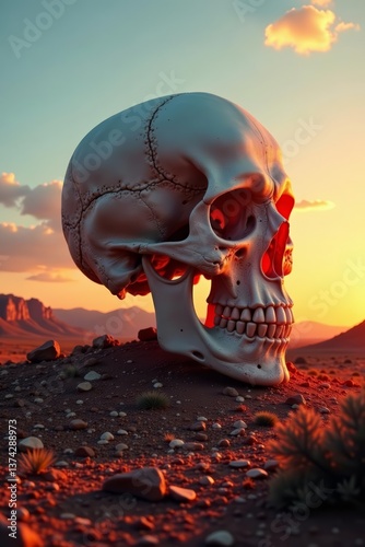 Double exposure of skull in desert landscape at sunset, fear, sun, double exposure