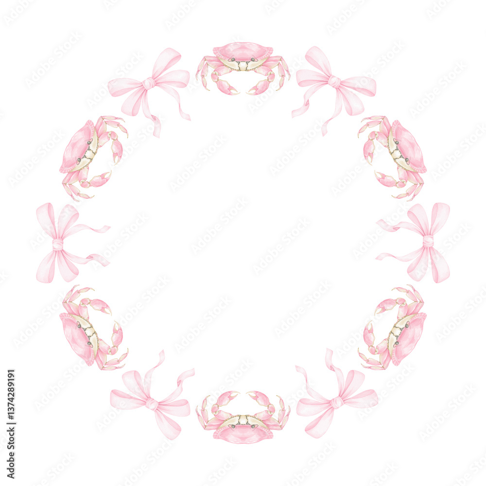 crab, bow. Watercolor round frame on white background in pastel colors. Cute seafood illustration for textiles, wrapping paper, restaurant menus crab, bow. Watercolor round frame on white background in pastel colors. Cute seafood illustration for textiles, wrapping paper, restaurant menus