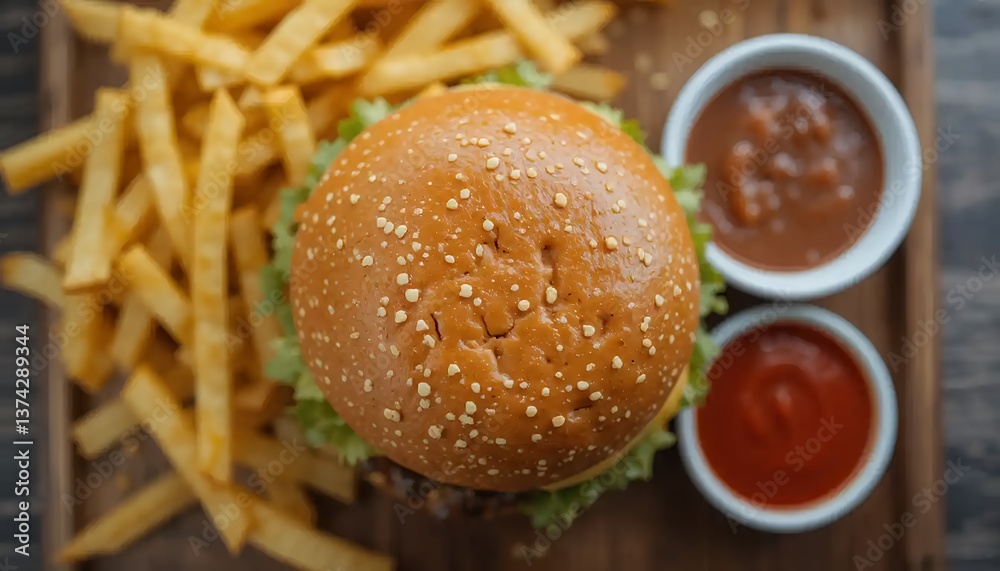Delicious Burger with French Fries and Sauces on a Wooden Board Delicious Burger with French Fries and Sauces on a Wooden Board