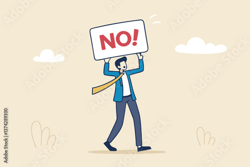Say no, negative or stop sign, rejection or refuse to do thing, disagreement expression, communicate to stop or denied concept, businessman hold sign with the word NO with strong rejection impression.