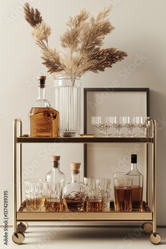 Sleek Mini Bar Trolley: 3D Render of a Modern Brass Cart with Drinks, Glasses, Vase of Dried Flowers, and Minimal Art for Stylish Interiors