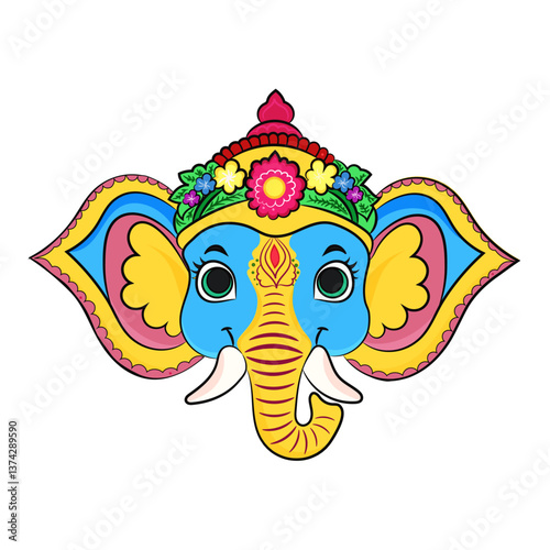 Vibrant Colorful Ganesha Design, Decorated with flower and Colors, Cute Elephant Face.