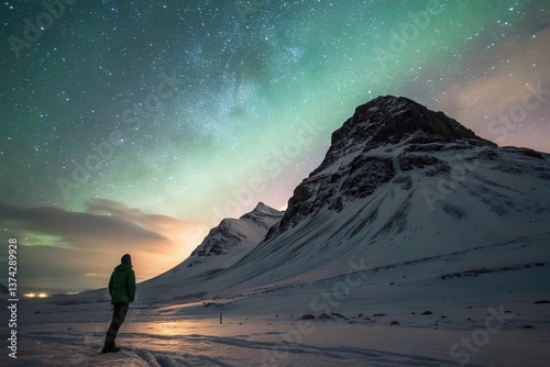 starry night sky A person gazes at a stunning starry sky over a snow-covered mountain landscape.