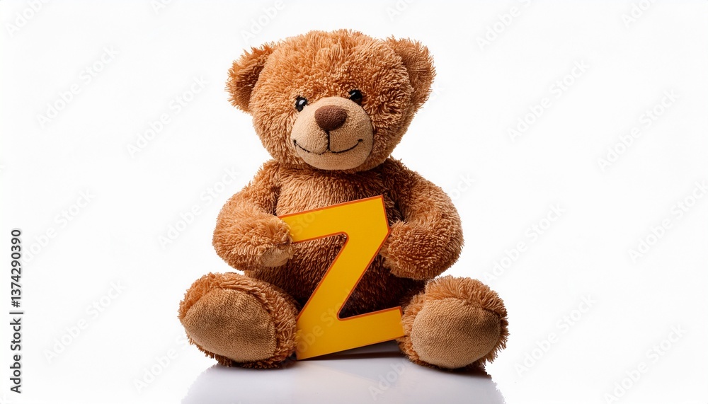 Obraz premium Cute brown teddy bear with letter Z. Baby name reveal after child birth. Stuffed animal isolated on white background