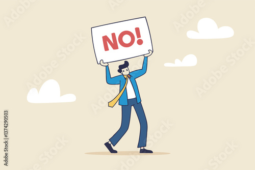 Say no, negative or stop sign, rejection or refuse to do thing, disagreement expression, communicate to stop or denied concept, businessman hold sign with the word NO with strong rejection impression.