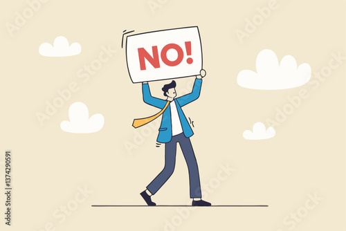 Say no, negative or stop sign, rejection or refuse to do thing, disagreement expression, communicate to stop or denied concept, businessman hold sign with the word NO with strong rejection impression.