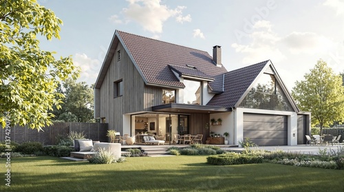 The image depicts a charming house designed with natural wooden elements and a traditional style, surrounded by greenery, creating an inviting and harmonious outdoor living space.