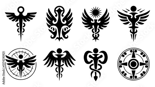 set of 8 intrincate black tribal tattoes, isolated on white, vector file