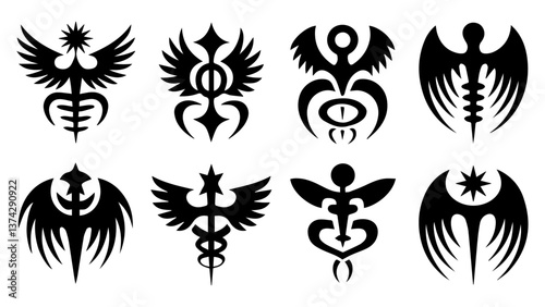 set of 8 intrincate black tribal tattoes, isolated on white, vector file