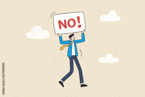 Say no, negative or stop sign, rejection or refuse to do thing, disagreement expression, communicate to stop or denied concept, businessman hold sign with the word NO with strong rejection impression.