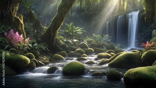 Dramatic Tropical Waterfall Surrounded by Ancient Trees. Greatest Nature Landscapes
