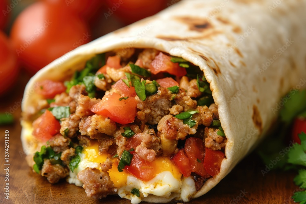 Savory Breakfast Burrito Loaded with Eggs, Sausage, Tomatoes, and Fresh Cilantro Savory Breakfast Burrito Loaded with Eggs, Sausage, Tomatoes, and Fresh Cilantro
