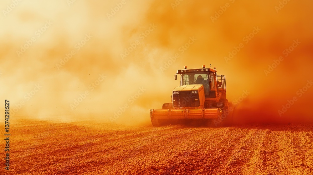 Fototapeta premium Tractor working in a dusty field