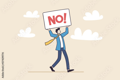 Say no, negative or stop sign, rejection or refuse to do thing, disagreement expression, communicate to stop or denied concept, businessman hold sign with the word NO with strong rejection impression.