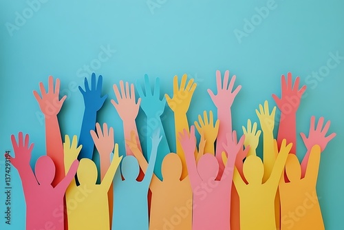 Colorful Paper People Raising Hands Teamwork